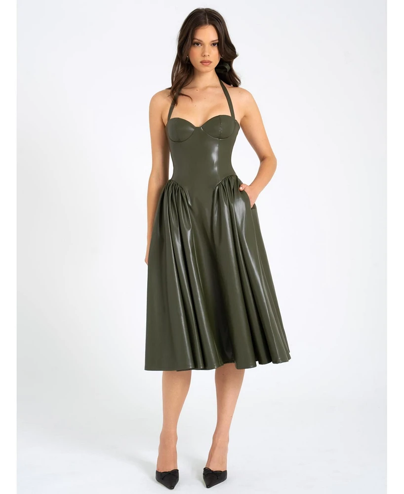 Miss Circle Women's Eliana Olive Faux Leather Dress