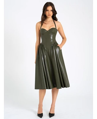 Miss Circle Women's Eliana Olive Faux Leather Dress