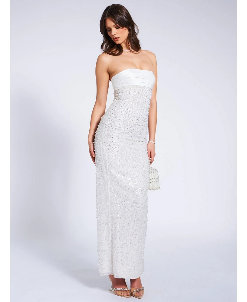 Miss Circle Women's Lainey White Satin Sequin Pearls Beaded Maxi Dress
