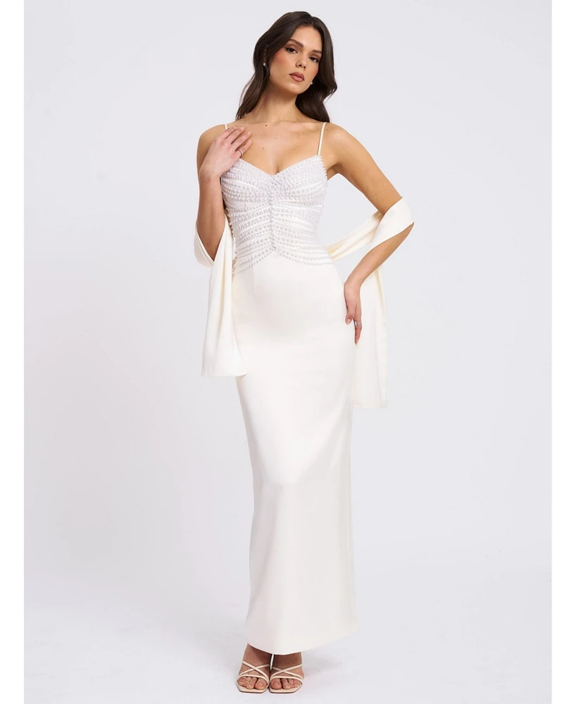 Miss Circle Women's Karmen Pearl Top Pencil Slip Gown with Scarf