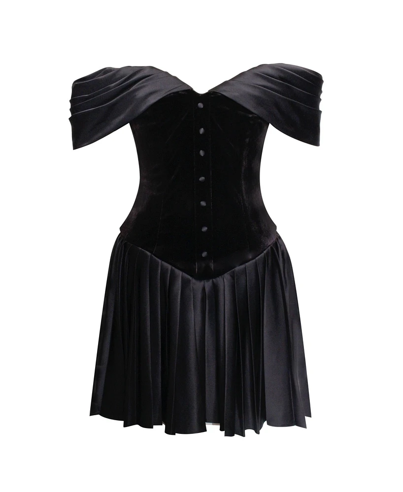 Miss Circle Women's Echo Black Velvet Off-shoulder Pleated Mini Dress