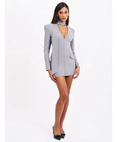 Miss Circle Women's Tahlia Deep V Pinstripes Gray Blazer Dress with scarf collar