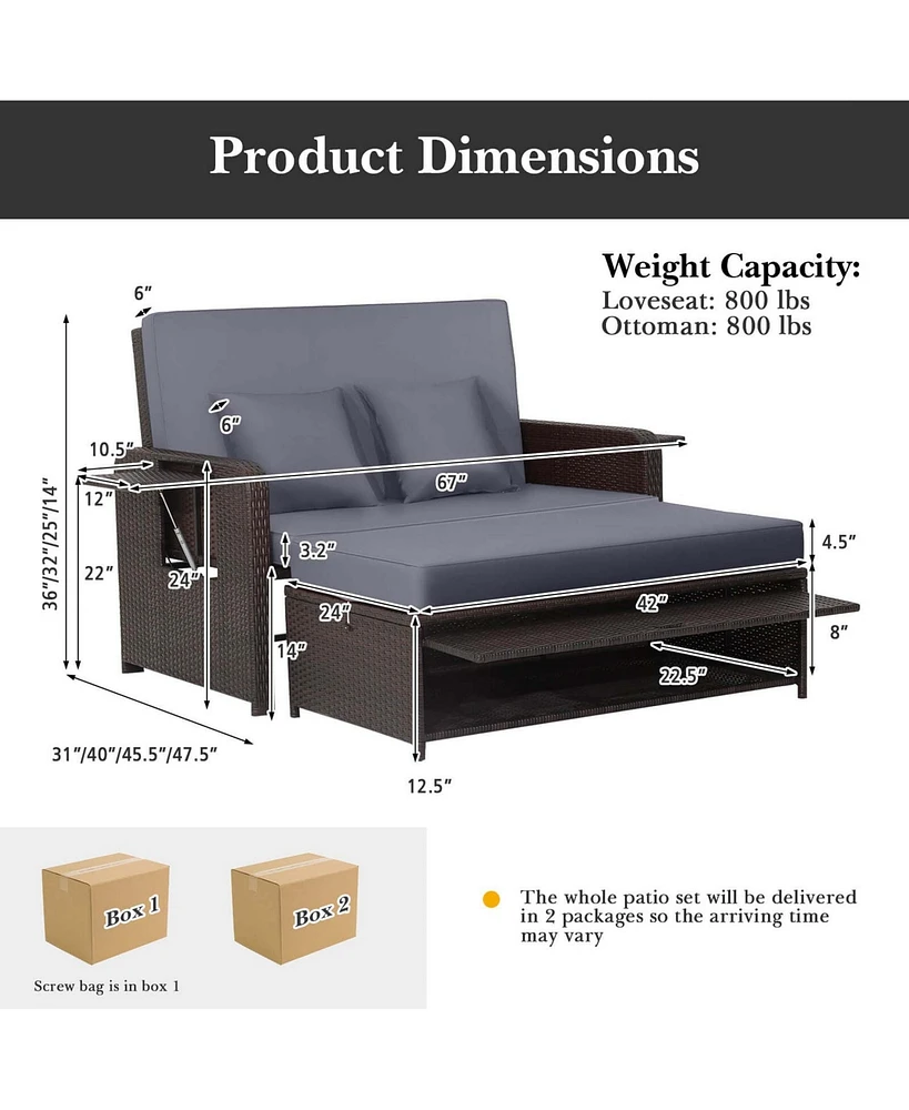 Gymax Rattan Loveseat Set Daybed Lounge w/ Storage Ottoman Side Tables Adjust Patio