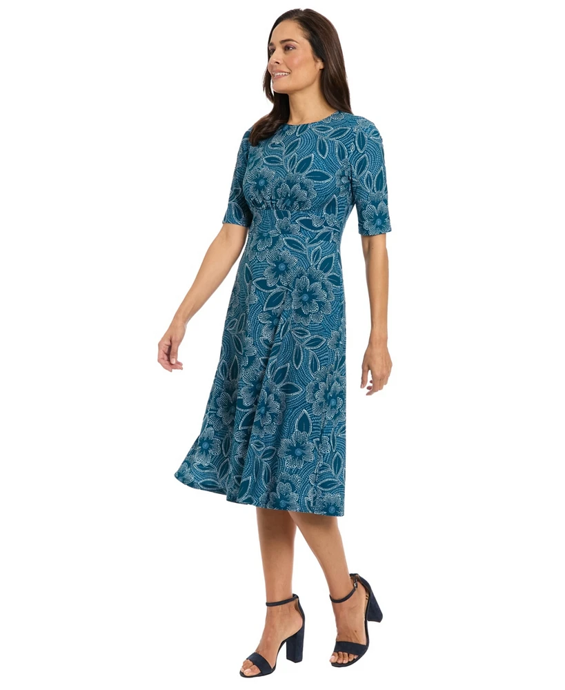 London Times Petite Shirred Short-Sleeve Midi Dress
