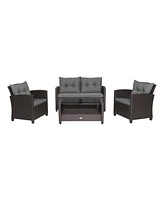 4 Pieces Patio Rattan Conversation Furniture Set with Glass Top Coffee Table