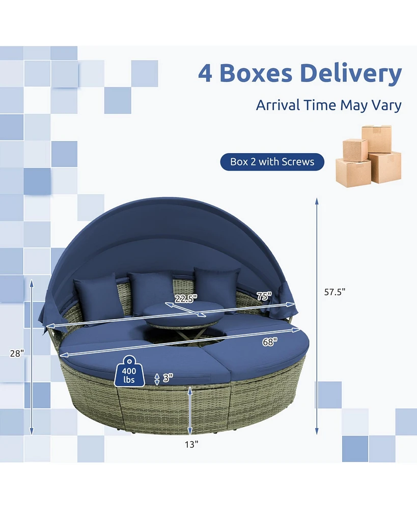 Outdoor Pe Wicker Round Daybed with Retractable Canopy and Cushions