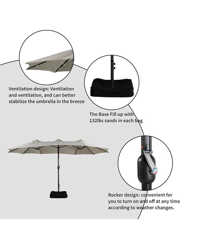 15 Ft Patio Umbrella with Base Included Outdoor Solar Lights Large Double-sided Market Table Umb