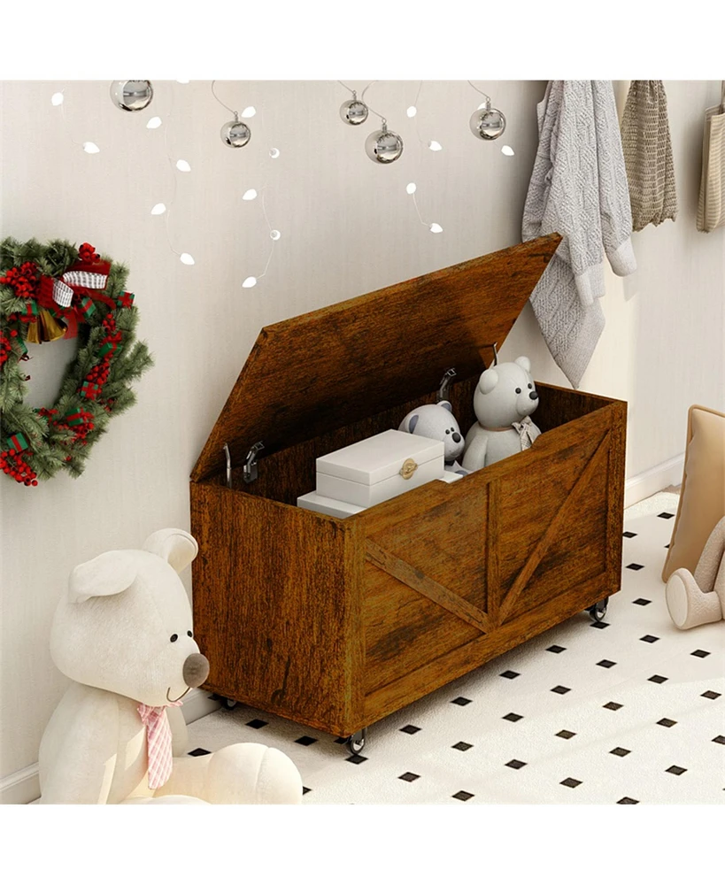 Storage Chest Trunk on Wheels with Brakes Storage Bench Supports 300 lb Wooden Entryway Bench, Shoe Bench, Movable, Safety Hinge, U-Shaped Opening