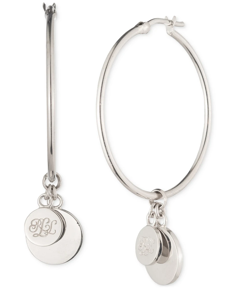 Lauren Ralph Lauren Sterling Silver Logo Drop Medium Hoop Earrings, 1.85"