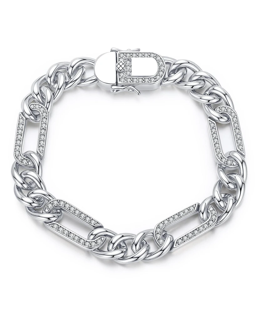 Men's Sterling Silver White Gold Plated with Iced Out Cubic Zirconia Paper Clip Curb Chain Bracelet