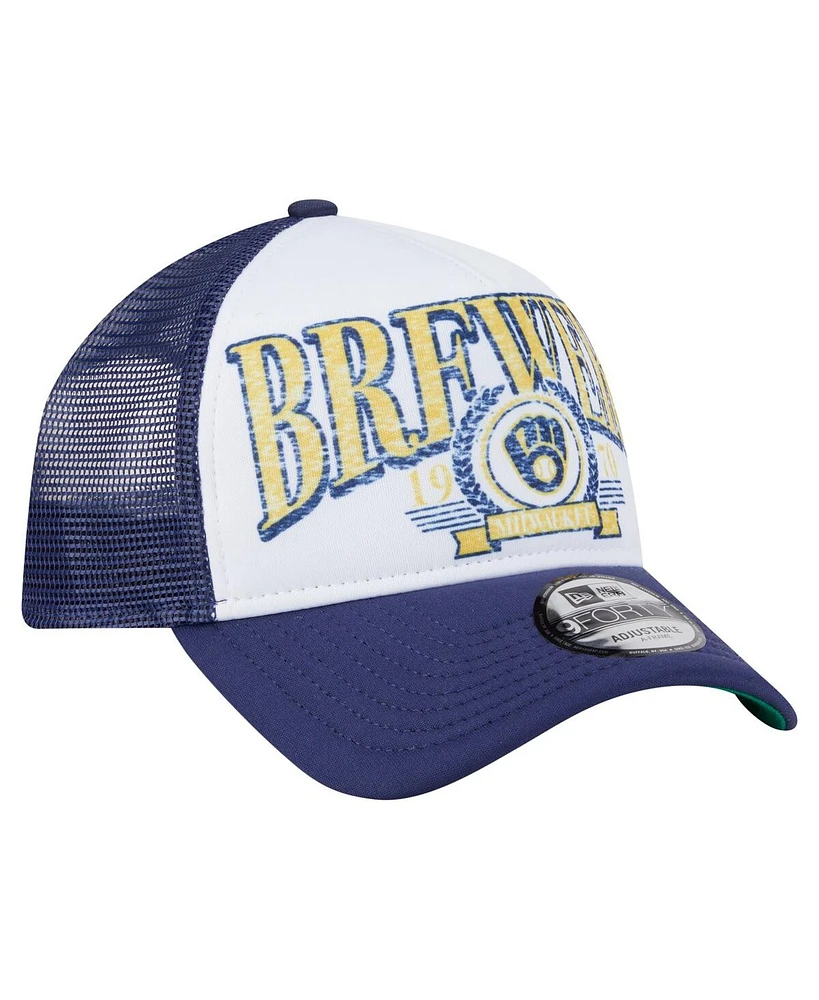 New Era Men's White Milwaukee Brewers Distressed 9FORTY A-Frame Adjustable Trucker Hat