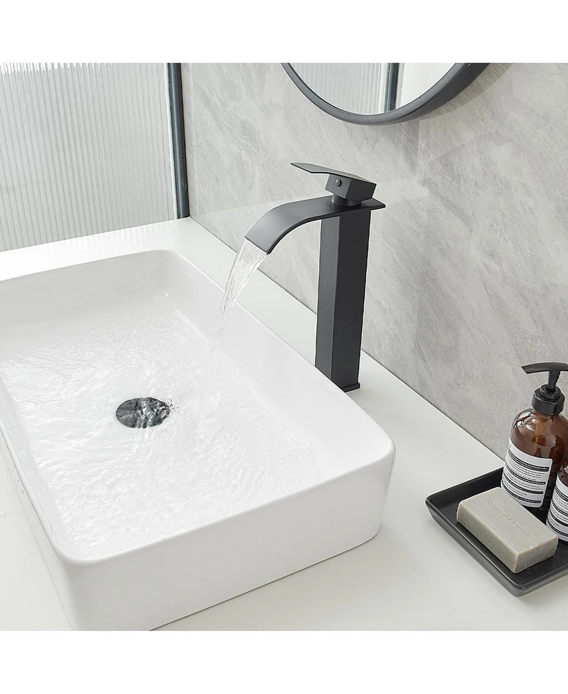 Waterfall Single Hole Handle Tall Bathroom Vessel Sink Faucet With Supply Hose Polished Chrome