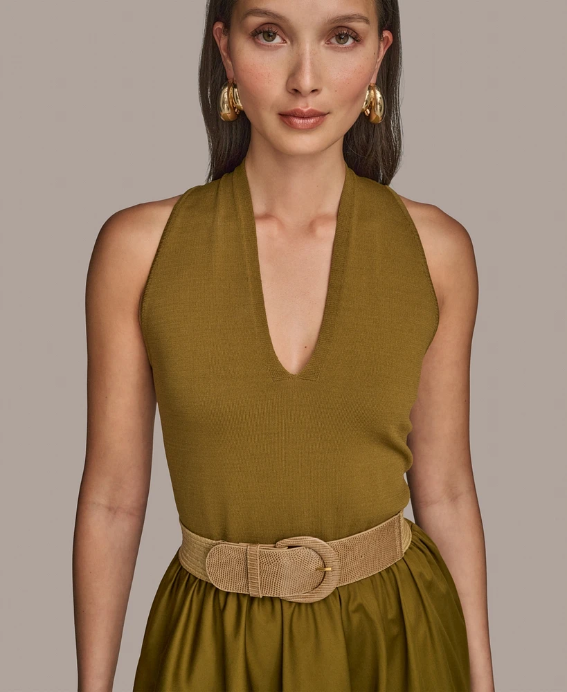 Donna Karan New York Women's Mixed-Media Belted Halter Dress
