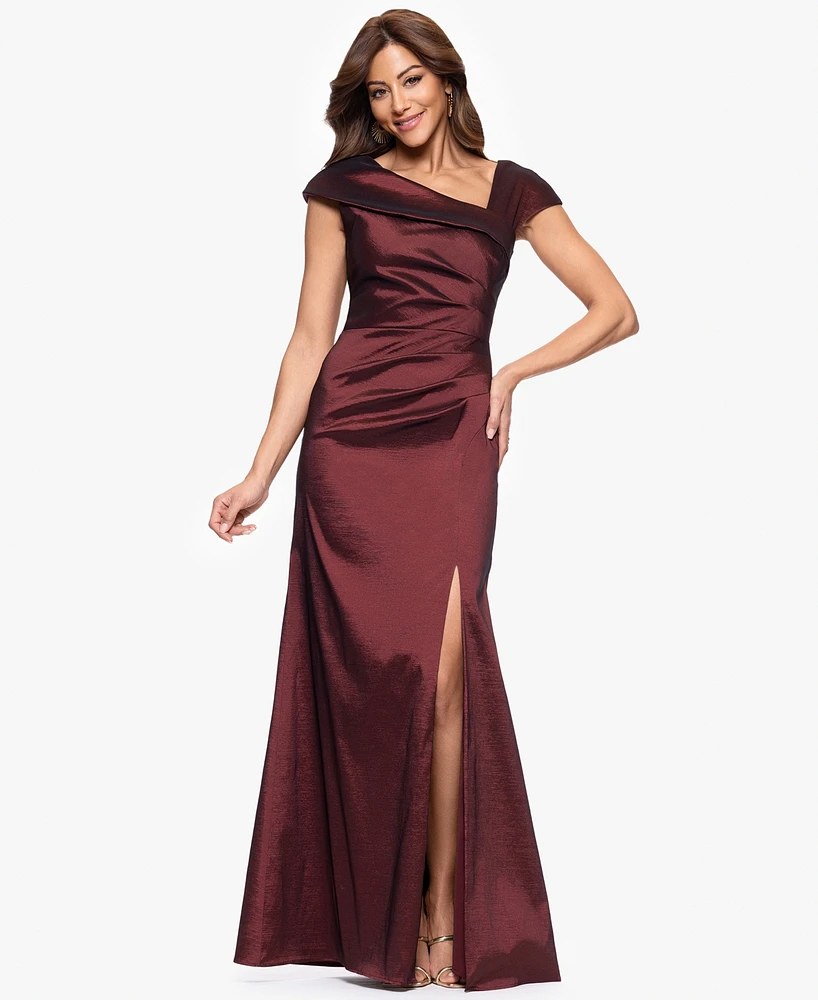 Xscape Women's Asymmetric Pleated Cap-Sleeve Gown
