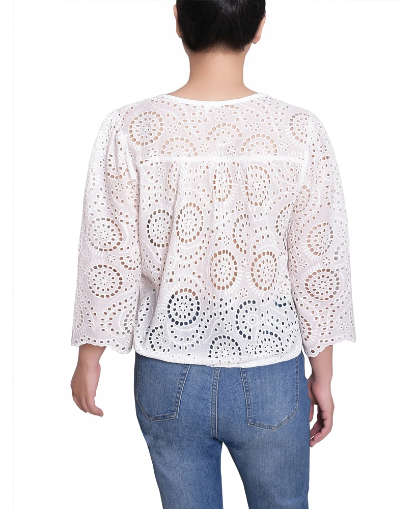 Ny Collection Women's 3/4 Sleeve Eyelet Top