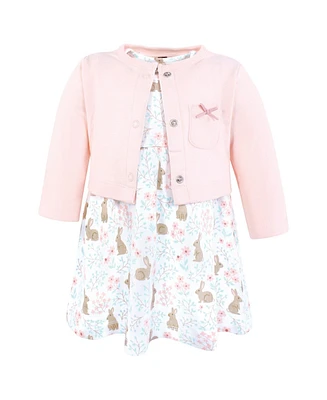 Hudson Baby Girls Cotton Dress and Cardigan Set, Floral Bunnies, Months