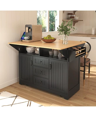 Casainc 55.7" Large Kitchen Island with 2 Drop Leafs, Rolling Cart, Power Outlet, Folding Dining Table, Spice Rack, No Stools