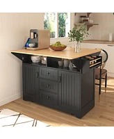 Casainc 55.7" Large Kitchen Island with 2 Drop Leafs, Rolling Cart, Power Outlet, Folding Dining Table, Spice Rack, No Stools