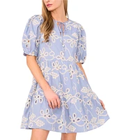 CeCe Women's Tie-Neck Embroidered Tiered Short-Sleeve Dress