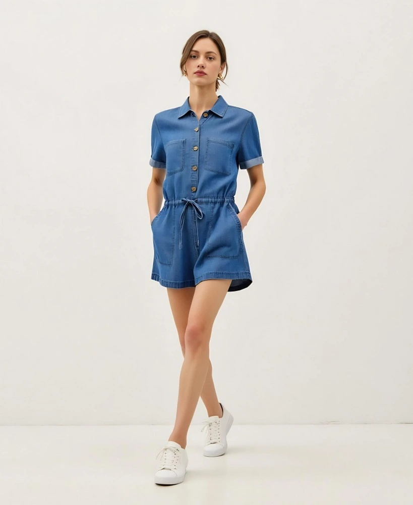 Modenaire Women's Utility Button-Up Drawstring Waist Romper
