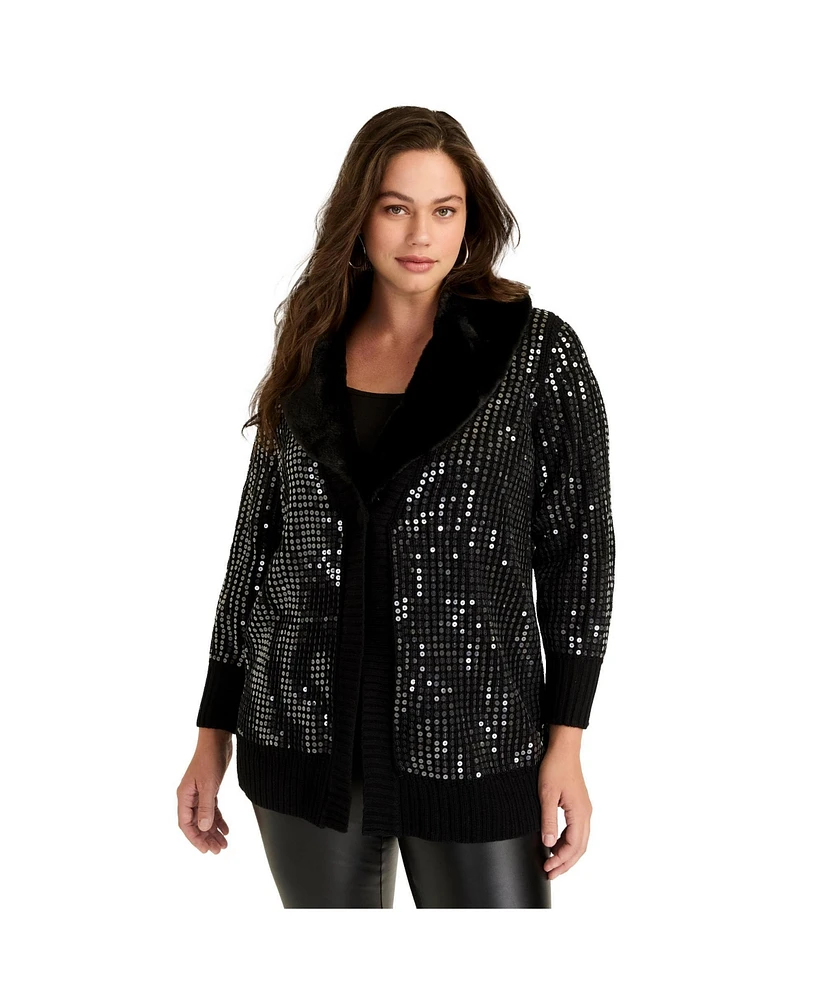 June + Vie Women's Sequin Button-Up Sweater