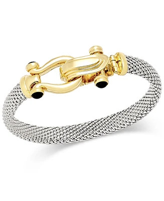 Italian Gold Horseshoe Bangle Bracelet with Black Spinel Accents in Sterling Silver and 14k Gold over Silver