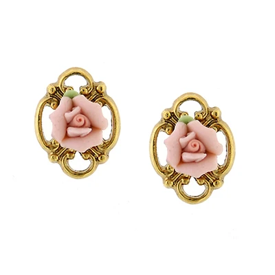 2028 Gold-Tone Pink Porcelain Rose Button Earrings
