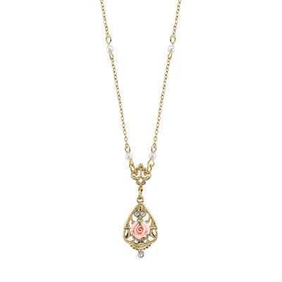 2028 Gold-Tone Crystal and Pink Porcelain Rose Simulated Pearl Necklace 17"