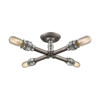 Cast Iron Pipe 4 Light Semi Flush in Weathered Zinc