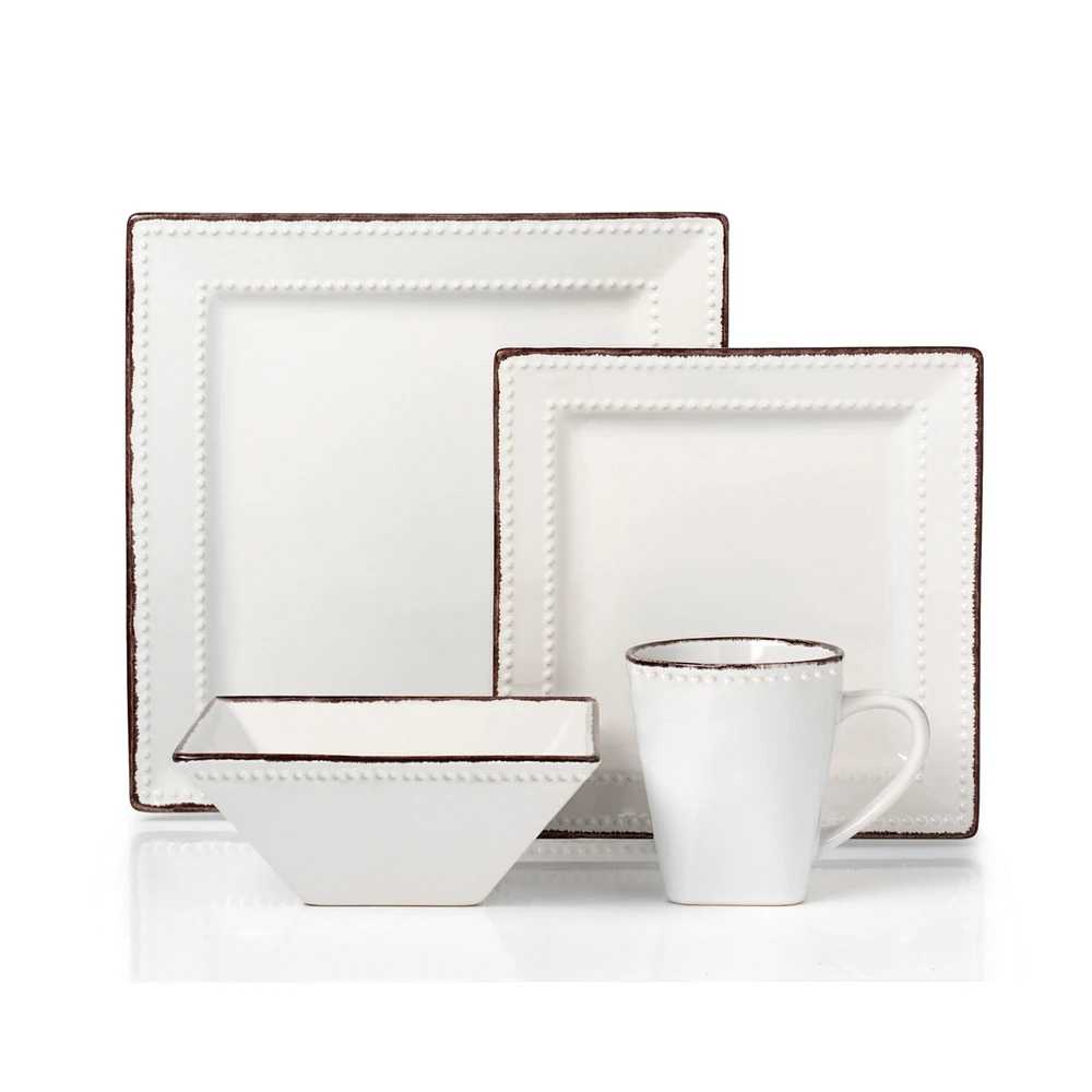 Lorren Home Trends 16 Piece Square Beaded Stoneware Dinnerware set, Service for 4