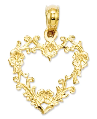 14k Gold Charm, Floral Cut-Out Heart Charm