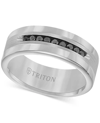 Triton Men's Tungsten and Sterling Silver Ring, Channel-Set Black Diamond Accent Wedding Band