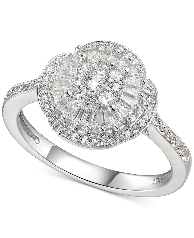 Cubic Zirconia Baguette Cluster Halo Ring Sterling Silver