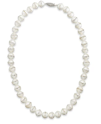 Sterling Silver Necklace, Cultured Freshwater Pearl (10-11mm) and Crystal Halo Necklace