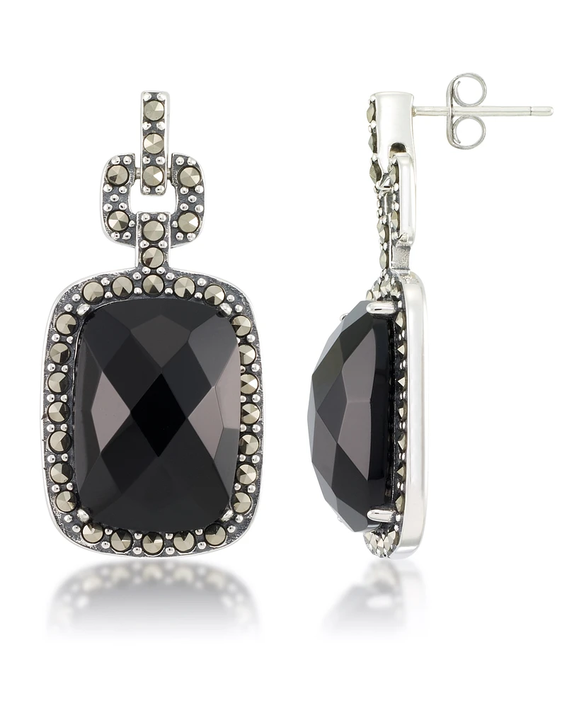 Marcasite and Faceted Onyx Square Post Earrings in Sterling Silver
