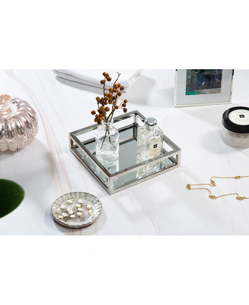 Classic Touch Small Square Mirrored Tray with Chrome Rails
