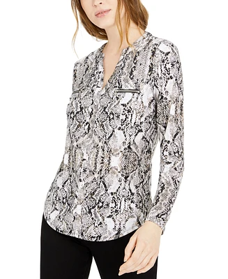 I.n.c. International Concepts Petite Printed Zip-Pocket Long-Sleeve Top, Created for Macy's