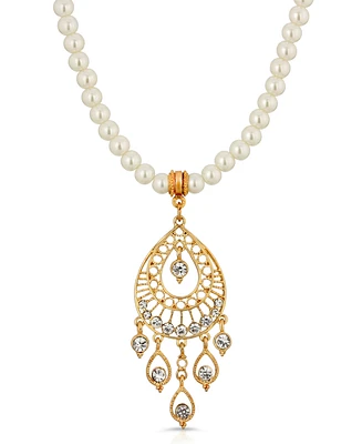 2028 Gold Tone Crystal Filigree Drop Imitation Pearl Necklace
