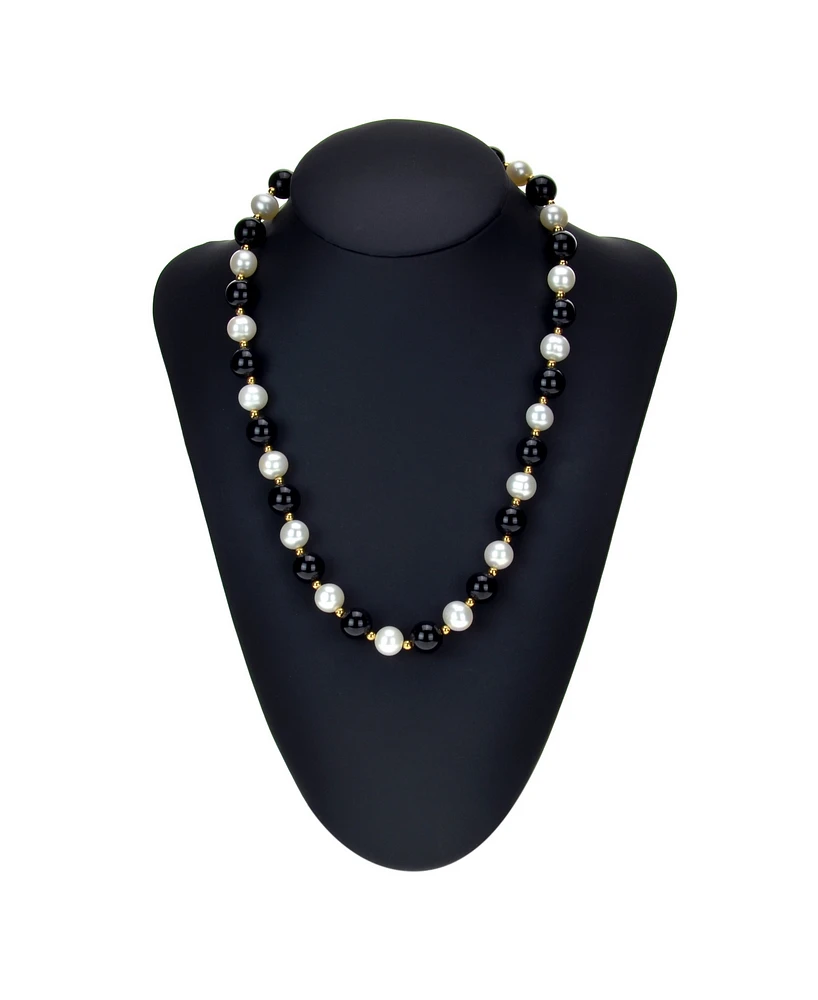 White Freshwater Cultured Pearl (9-9.5mm) with Black Onyx (10mm) and Gold Beads (3mm) 18" Necklace in 14k Yellow Gold