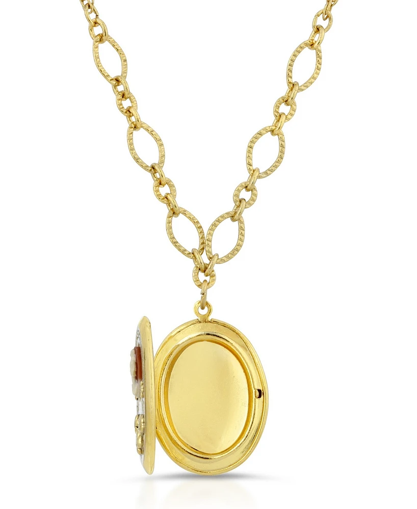 2028 Carnelian Cameo with Flowers Oval Locket Necklace