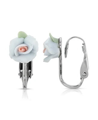 2028 Silver Tone Porcelain Rose Clip Earrings