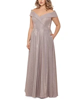Xscape Plus Off-the-Shoulder Glitter Gown