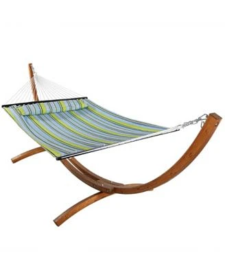 Quilted Double Fabric 2-Person Hammock with Curved Arc Wood Stand