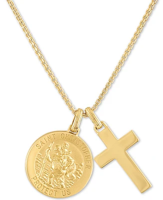 Esquire Men's Jewelry St. Christopher & Cross 24" Pendant Necklace in 14k Gold-Plated Sterling Silver, Created for Macy's