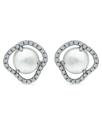 Imitation Pearl Cubic Zirconia Halo Button Earring in Silver Plate