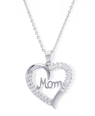 Cubic Zirconia Mom Heart Pendant 18" Necklace in Silver Plate