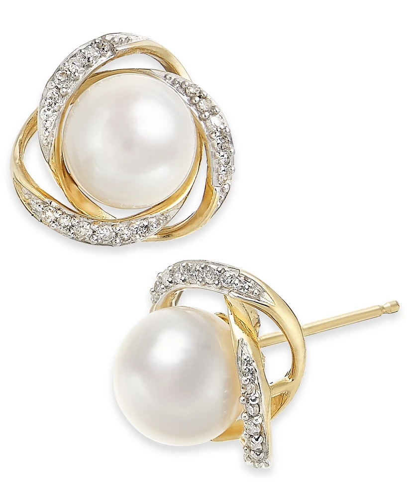 Honora Cultured Freshwater Pearl (7mm) & Diamond (1/8 ct. t.w.) Stud Earrings 14k Gold