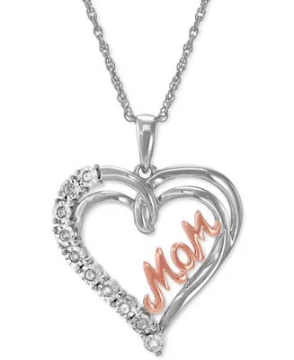 Diamond Heart Mom 18" Pendant Necklace (1/10 ct. t.w.) in Sterling Silver and 14K Rose Gold-Plate