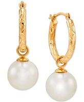 Cultured Freshwater Pearl (9mm) Dangle Hoop Earrings in 14k Gold