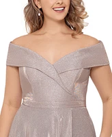 Xscape Plus Off-the-Shoulder Glitter Gown